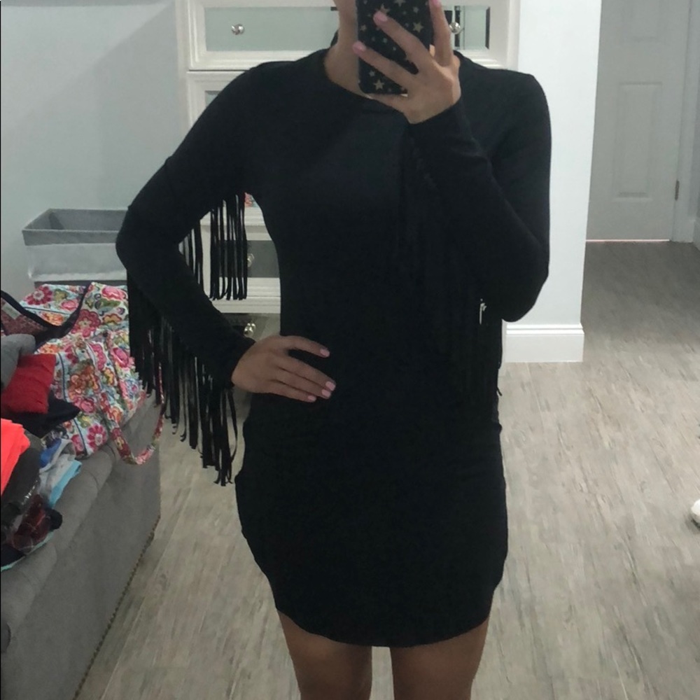 Long sleeve black fringe dress